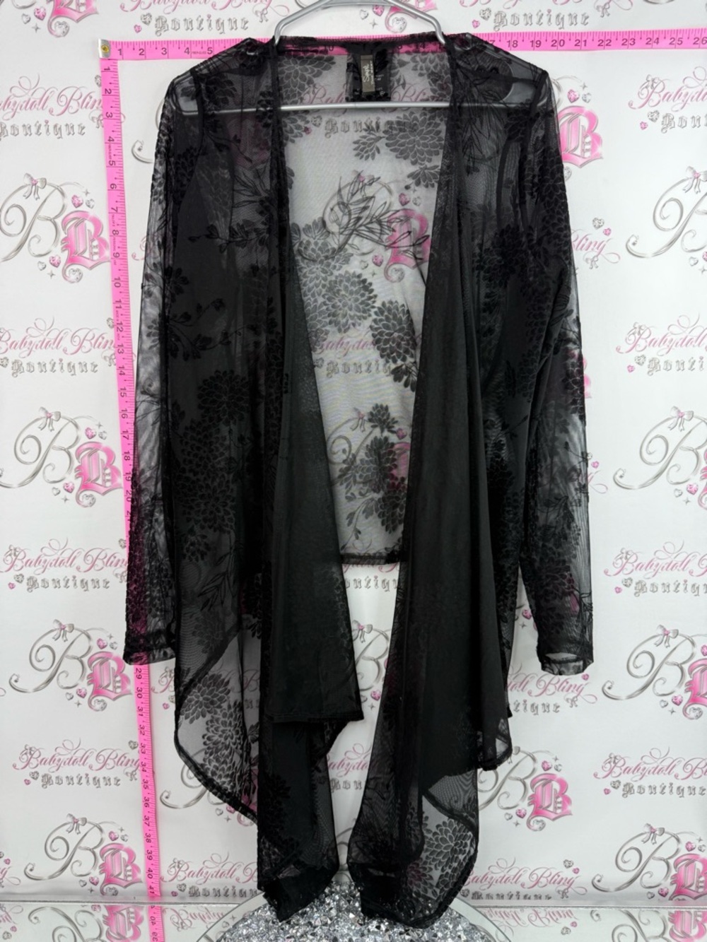 Sympli the best cardigan mesh flowers Black Sheer Floral Draped Cardigan